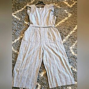 Vince Camuto Striped Jumpsuit‎ Ruffle Sleeve Wide Leg Belted Blue Gray Size S